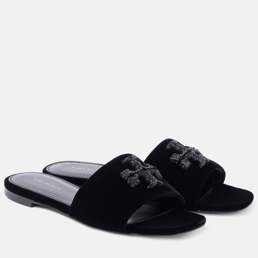 Nib Tory Burch Eleanor Slide Pave Logo Velvet And Leather Black Us 8.5 Authentic